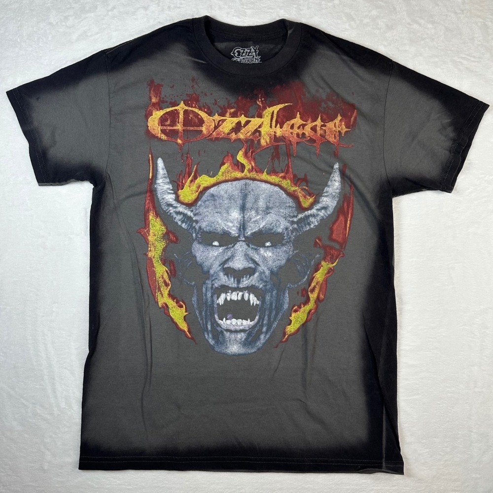 NWOT Ozzy Osbourne Demon Flame Ozzfest T-Shirt Grey Black Acid Wash Mens Medium